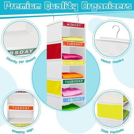 2 Pcs 7 Shelf Weekly Clothes Organizer for Kids Hanging Closet 11. 8 x 50 Inches Daily Activity Storage Drawers Cube Shelves(White) White.