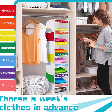 2 Pcs 7 Shelf Weekly Clothes Organizer for Kids Hanging Closet 11. 8 x 50 Inches Daily Activity Storage Drawers Cube Shelves(White) White.