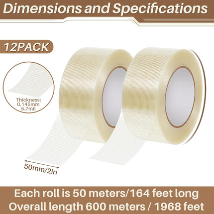 12 Rolls Filament Strapping Tape 5.7 Mil Heavy Duty Transparent Reinforced Fiberglass for Packaging Sealing Binding Fixing Supplies(2 Inch x 55 Yard)  2 Yard.