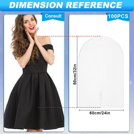 100 Pcs 24'' x 32'' Clear Garment Bags Full Zipper Suit Lightweight Clothes Cover for Hanging PEVA Protectors Breathable Dust Plastic.