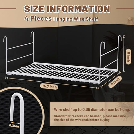 4 Pieces 14.7 Inch Hanging Wire Shelf Organizer Closet Storage Shelves Shelving Rack Accessories for Pantry Room Bathroom Organization, White.
