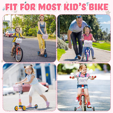 2 Pcs Bike Basket Kids Girls Boys Handlebar Bag Bicycle Front Storage Pouch Scooter Accessories for Balance Stroller Wheelchair  White and Pink.