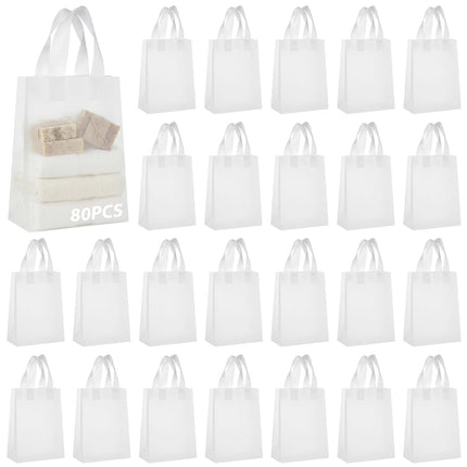 80 Pcs Plastic Shopping Gift Bags with Handles Clear Frosted Tote Bulk 6"x3"x9" Retail Bag for Small Business Boutique Wedding Holiday Packaging Transparent.