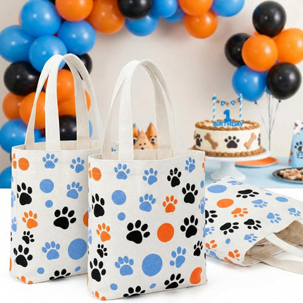 24 Pack 8x8.5 Inch Mini Dog Paw Print Canvas Tote Bags Reusable Small for Pet Party Favors Retail Packaging Cat Lover Gifts Goodie Bag Birthday Wedding Halloween.