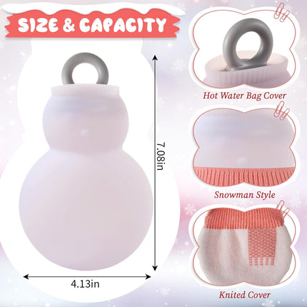 2 Pcs 320 ml Mini Hot Water Bottle with Removable Knitted Cover, Winter Snowman Small Bag Microwave Heating Soft Silicone Leak Proof for Pain Relief Women Valentine's Day Gifts.