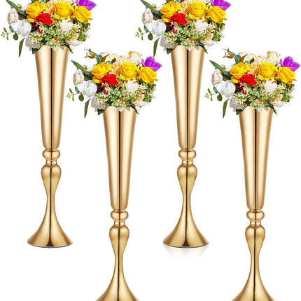 4 Pieces 22 Inch Tall Gold Trumpet Vases for Centerpieces, Wedding Flower Stand, Floral Stand Display Rack Tables, Dinner Party, Anniversary Ceremony Birthday Event Decor.