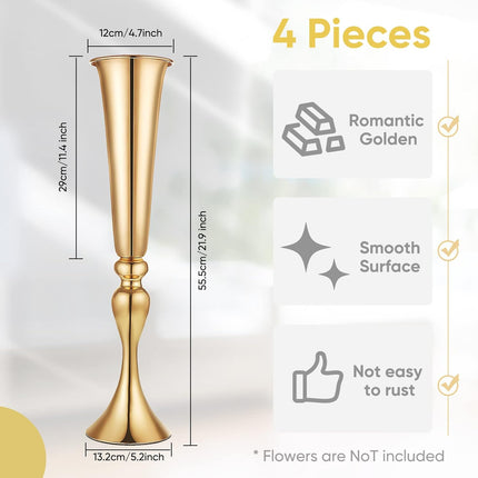 4 Pieces 22 Inch Tall Gold Trumpet Vases for Centerpieces, Wedding Flower Stand, Floral Stand Display Rack Tables, Dinner Party, Anniversary Ceremony Birthday Event Decor.