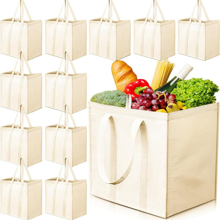 12 Pack Heavy Duty Canvas Grocery Bags, Reusable Large Tote Washable & Foldable for Shopping, Storage Beige.