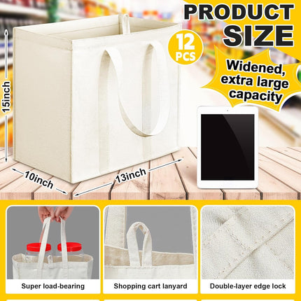 12 Pack Heavy Duty Canvas Grocery Bags, Reusable Large Tote Washable & Foldable for Shopping, Storage Beige.