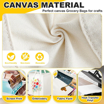 12 Pack Heavy Duty Canvas Grocery Bags, Reusable Large Tote Washable & Foldable for Shopping, Storage Beige.
