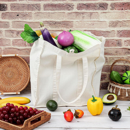 12 Pack Heavy Duty Canvas Grocery Bags, Reusable Large Tote Washable & Foldable for Shopping, Storage Beige.