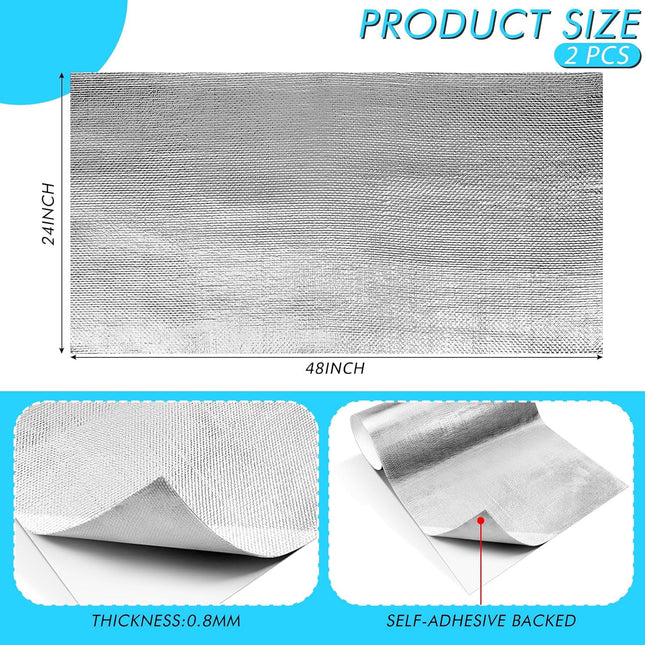 2 Pcs 24'' x 48'' Aluminized Heat Shield Thermal Barrier Adhesive Backed Blanket Wrap Fiberglass Insulation Reflective Material High Temp Protection for Exhaust Wood Fireplace Stove.