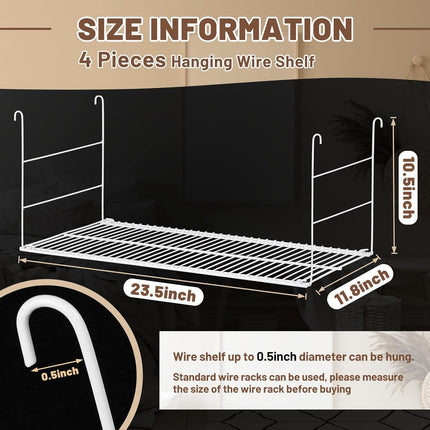 4 Pieces 24 Inch Wire Hanging Shelves White Shelf Long Steel Added Storage Accessory for Closet Pantry Organization Bathroom Bookshelf Kitchen Laundry.