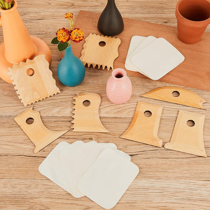 27 Pcs Pottery Trimming Tools Set Ribs Ceramics Foot Shaper with 20 Pre-Cut Chamois Cloth Wood Rib for Carving Clay Molds Texture Supplies.