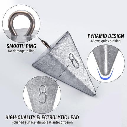 Pyramid Sinkers Fishing Weights Sinkers, Saltwater Freshwater Lead Weight Sinker for Ocean Surf Gear Catfish Tackle 1oz 2oz 3oz 4oz 5oz 6oz 8oz 10oz 12oz 16oz 32oz  10 Pack Kit: 1oz*3, 2oz*3, 3oz*2,.