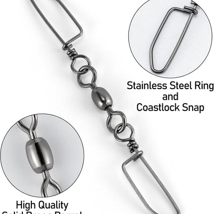 30-Pack Double Snap Swivels, Trolling Planer Board Line Release Clips, High Strength Stainless Steel Coastlock Snaps with Black Nickel Coating, Saltwater Barrel Swivels Connector  #6*1-52LB.