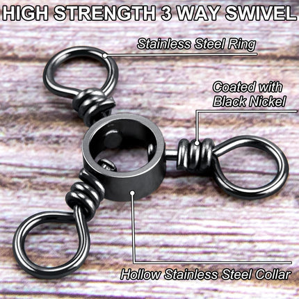 100-Pack 3 Way Swivels Fishing Tackle, 28-143LB Stainless Steel Black Nickel Three Swivel Connectors Saltwater Freshwater Surf Deep Drop Catfishing Rigs Tackle  #5-40LB-100 Pack.