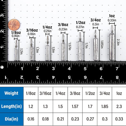 30-Pack Fishing Drop Shot Weights Sinkers Lead Dropshot Rig Freshwater Saltwater Skinny Pencil Shaped Sinker with Rolling Swivel for Bass 1/8oz- 1oz  1/4oz.