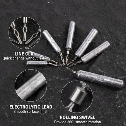30-Pack Fishing Drop Shot Weights Sinkers Lead Dropshot Rig Freshwater Saltwater Skinny Pencil Shaped Sinker with Rolling Swivel for Bass 1/8oz- 1oz  1/4oz.