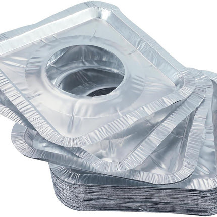 Gas Burner Liners (50 Pack) 8.5" Disposable Aluminium Foil Square Stove Covers - Range Protector to Catch Oil, Grease and Food Spills.