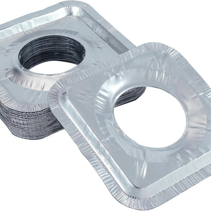 Gas Burner Liners (50 Pack) 8.5" Disposable Aluminium Foil Square Stove Covers - Range Protector to Catch Oil, Grease and Food Spills.