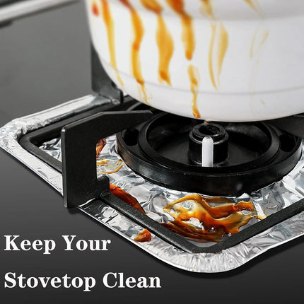 Gas Burner Liners (50 Pack) 8.5" Disposable Aluminium Foil Square Stove Covers - Range Protector to Catch Oil, Grease and Food Spills.