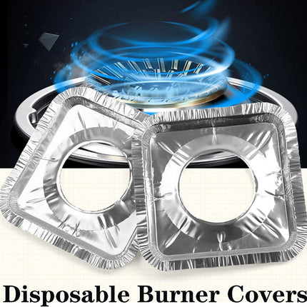 Gas Burner Liners (50 Pack) 8.5" Disposable Aluminium Foil Square Stove Covers - Range Protector to Catch Oil, Grease and Food Spills.