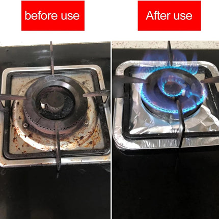 Gas Burner Liners (50 Pack) 8.5" Disposable Aluminium Foil Square Stove Covers - Range Protector to Catch Oil, Grease and Food Spills.