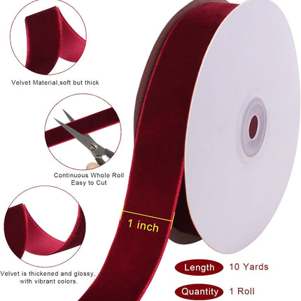 10 Yards Burgundy Velvet Ribbon 1 Inch for Christmas Tree, Dark Red Gift Wrapping Crafts Bow Wreath Holiday Decorations (Burgundy) 1"-10 Yard.