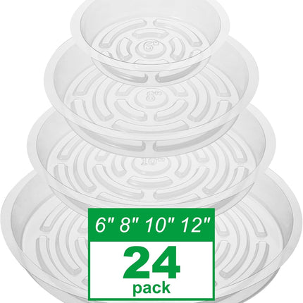 Petluno 24 Pack Clear Plant Saucers - 6, 8, 10, 12 Inch Plastic Trays for Pots, Flower Pot Saucers, Indoor & Outdoor Planter Drip Tray Water Drainage Protection  6",8",10",12"-.