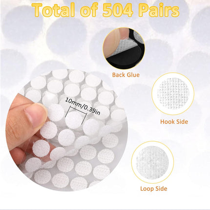 1008 Self-Adhesive Hook and Loop Dots - Petluno 10mm White Hook and Loop Stick on Dots, Round Hook and Loop Fasteners, Self Adhesive Hook and Loop Tape Strips for School Learning Materials, Christmas Cards, Binder Wallets 504.