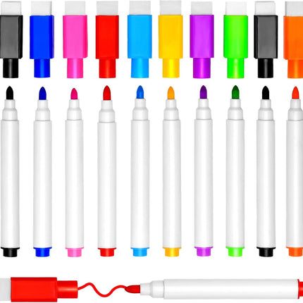 Petluno 10 pcs Whiteboard Markers, 9 Colour Pens, Fine Tip Magnetic Colour White Board Pen with Eraser Low Odour Dry Erase Ink Markers Erasable for Home, School and Office Uses Multi-coloured.