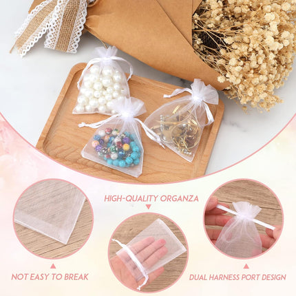 Petluno White Organza Gift Pouches - 7x9 CM Small Favor Bags, 50 PCS Wedding Jewelry Bags Clear Mesh for Wedding, Christmas, Birthday, Anniversary.