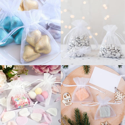 Petluno White Organza Gift Pouches - 7x9 CM Small Favor Bags, 50 PCS Wedding Jewelry Bags Clear Mesh for Wedding, Christmas, Birthday, Anniversary.
