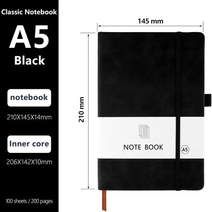 A5 Notebook, Notebook Note Book Pad Journal Notepad PU Leather for Office School Home Business Writing & Taking 200 Pages (100 Sheets)- Black.