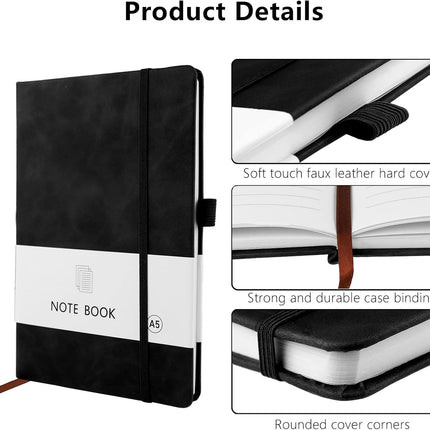 A5 Notebook, Notebook Note Book Pad Journal Notepad PU Leather for Office School Home Business Writing & Taking 200 Pages (100 Sheets)- Black.