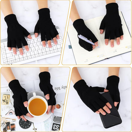 Petluno 2 Pair Fingerless Warm Gloves - Winter Half Finger Thickened Knit Touchscreen Stretchy Mittens for Men Women Black.