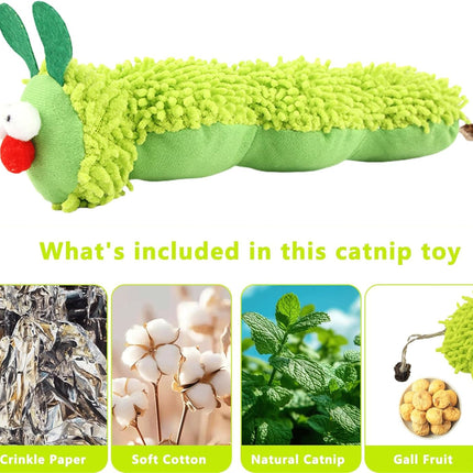 Petluno Cat Catnip Toy for Indoor Cats, Chew Teeth Cleaning, Bite-Resistant Plush Caterpillar Design, Dental Health Benefits, Green.