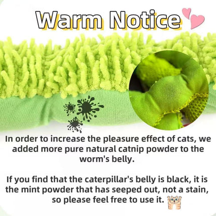 Petluno Cat Catnip Toy for Indoor Cats, Chew Teeth Cleaning, Bite-Resistant Plush Caterpillar Design, Dental Health Benefits, Green.