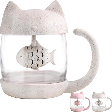 Petluno Glass Cat Teacup, Fish Infuser Water Bottle, 250ML Bulk Strainer White.