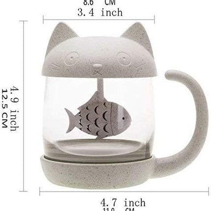 Petluno Glass Cat Teacup, Fish Infuser Water Bottle, 250ML Bulk Strainer White.