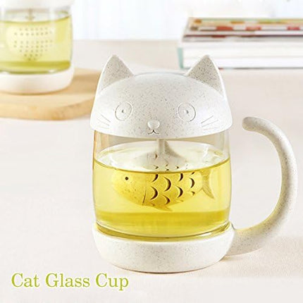 Petluno Glass Cat Teacup, Fish Infuser Water Bottle, 250ML Bulk Strainer White.