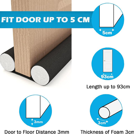 Insulated Door Draft Stopper with Eco-Friendly Oxford Fabric, Petluno 93cm Cut to Size, Double for Internal Doors 3-5 cm, Black.