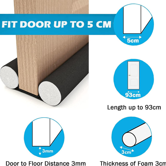 Insulated Door Draft Stopper with Eco-Friendly Oxford Fabric, Petluno 93cm Cut to Size, Double for Internal Doors 3-5 cm, Black.