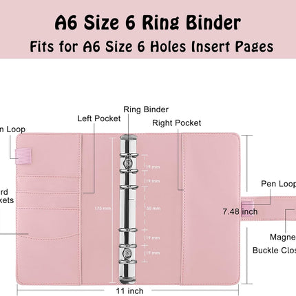 Petluno A6 PU Leather Notebook Binder 6 Ring Refillable Budget Cover for Refill Paper, Loose Leaf Personal Planner Organizer with Magnetic Buckle School, Office, Travel & Photocard, Pink.