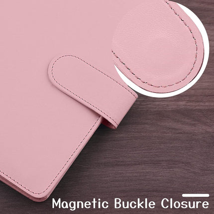 Petluno A6 PU Leather Notebook Binder 6 Ring Refillable Budget Cover for Refill Paper, Loose Leaf Personal Planner Organizer with Magnetic Buckle School, Office, Travel & Photocard, Pink.