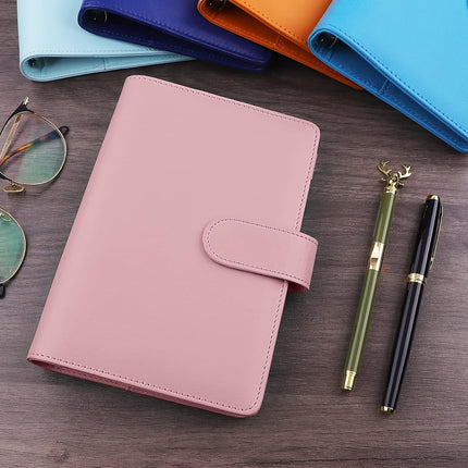 Petluno A6 PU Leather Notebook Binder 6 Ring Refillable Budget Cover for Refill Paper, Loose Leaf Personal Planner Organizer with Magnetic Buckle School, Office, Travel & Photocard, Pink.