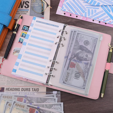 Petluno A6 PU Leather Notebook Binder 6 Ring Refillable Budget Cover for Refill Paper, Loose Leaf Personal Planner Organizer with Magnetic Buckle School, Office, Travel & Photocard, Pink.