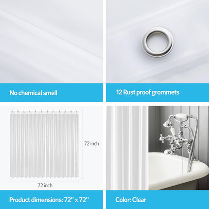 Petluno Clear Shower Curtain Liner Light Weight PEVA, 72x72 Inches, Waterproof, No Chemical Smell with 12 Rust Proof Metal Grommets Holes for Bathroom 72"W x 72"L (Pack of 1).