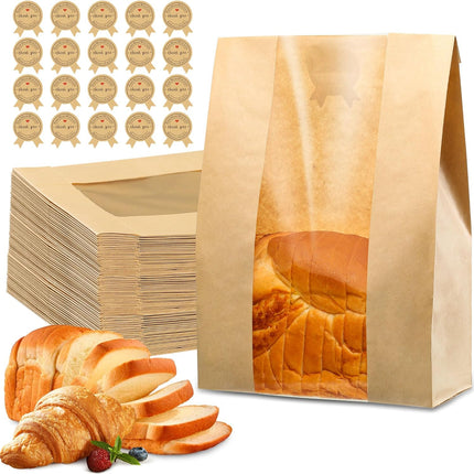50 Pcs Bread Bags for Homemade Bread, Sourdough Paper With Window, 50% Thicker 13.7x8.2x3.7in A Large Bakery Used Storage Cookies & Snacks, 60 Cute Sealing Stickers Ties.